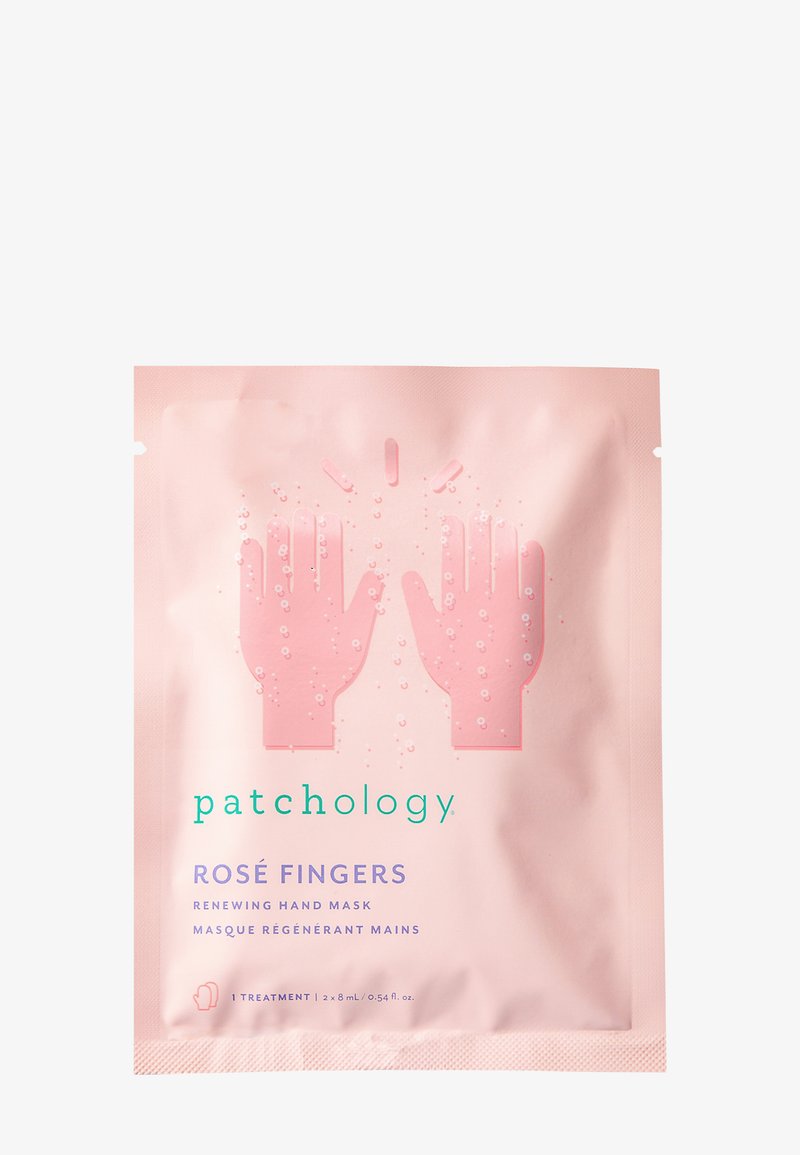 Die pinkfarbene Verpackung der Handmaske "Rosé Fingers" von Patchology zeigt Illustrationen von Händen, Blasen sowie Text in Türkis und Lila. Enthält 2 Behandlungen.