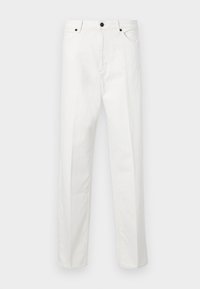 Valged denim püksid, sirge lõikega, nööbiga kinni ja kahe esipoole taskuga. Ilma nähtavate mustrite või ehteta. Sujuv tekstuur.