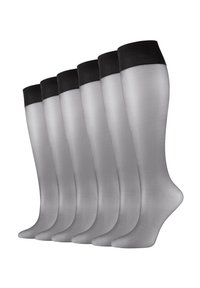 Grå gennemsigtige strømper med en sort kant øverst, præsenteret i et sæt med seks. Glat tekstur og tætsiddende design, der former sig efter benets kontur.