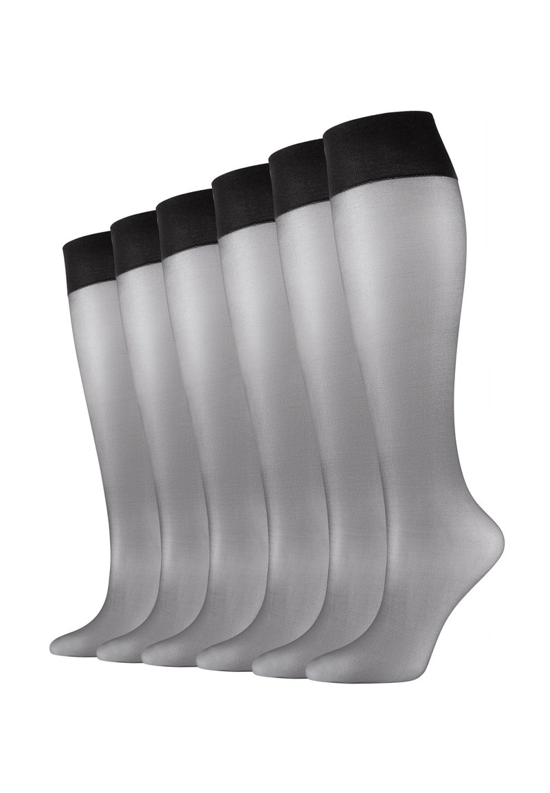 Grå gennemsigtige strømper med en sort kant øverst, præsenteret i et sæt med seks. Glat tekstur og tætsiddende design, der former sig efter benets kontur.