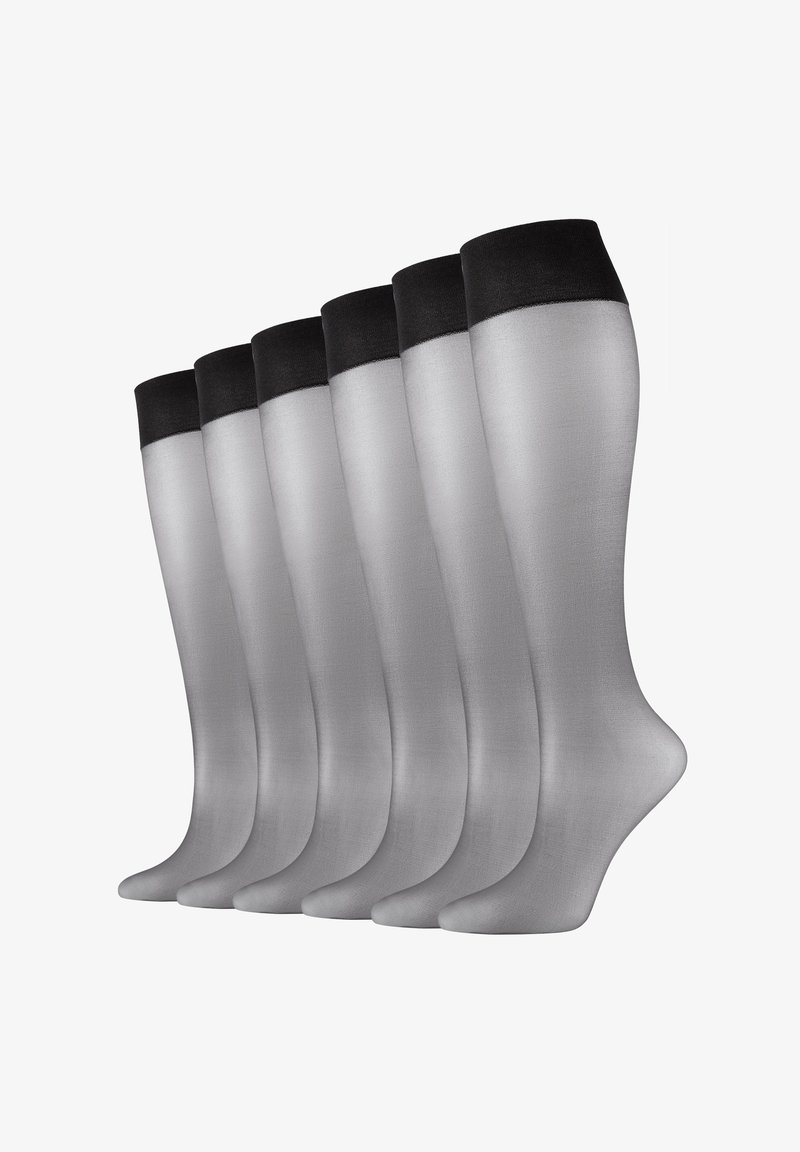 Grå gennemsigtige strømper med en sort kant øverst, præsenteret i et sæt med seks. Glat tekstur og tætsiddende design, der former sig efter benets kontur.