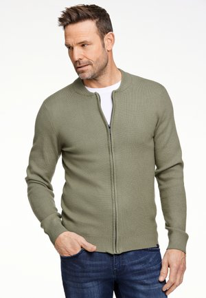 Grøn zip-up sweater med ribbet krave og manchetter, lavet af strikket stof. Båret over en hvid skjorte og parret med mørk denim jeans.