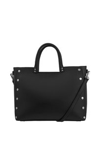 Black textured leather handbag with double handles, detachable shoulder strap, and silver round studs along the sides.