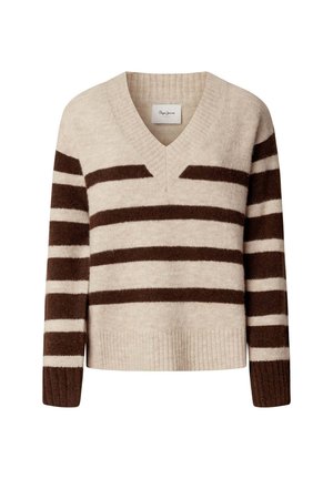 Beige wollen V-halstrui in een wolblend met bruine horizontale strepen. Voorzien van geribbelde manchetten en zoom, zachte textuur en een ontspannen pasvorm.