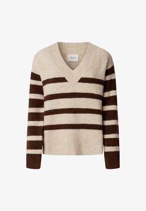 Maglione a V in misto lana beige con strisce orizzontali marroni. Presenta polsini e orlo a costine, una texture morbida e una vestibilità comoda.