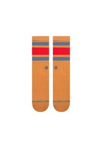 Orange socks featuring two horizontal stripes: one red and one blue. Blue logo on each sock near the ankle. Smooth texture.