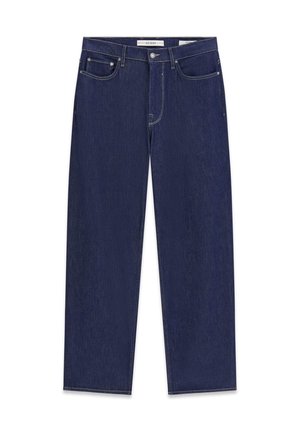 Ciemnoniebieskie jeansy z denimu o prostym kroju nogawki, z haftowanym logo na tyle oraz kontrastowymi szwami wzdłuż kieszeni i szwów.