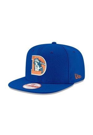 Blue snapback cap with flat brim, featuring a prominent orange and white embroidered logo of a horse and capital "D" at the front.