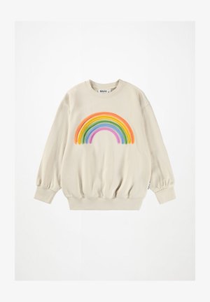 Bež kampus särgid ümmarguse kaeluse ja paisutatud pikade varrukatega, millel on ees multikoloriline tikitud vikerkaar.