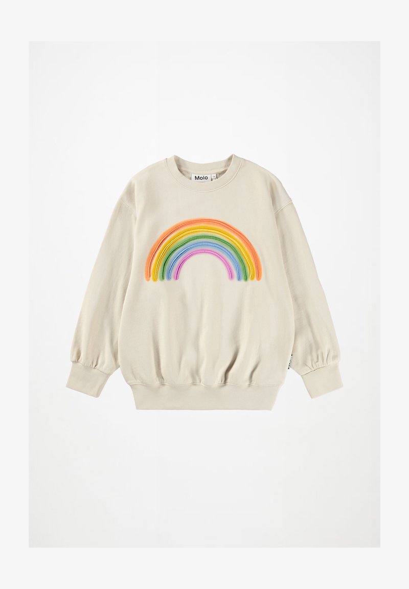 Felpa beige con girocollo e maniche lunghe a sbuffo, caratterizzata da un arcobaleno ricamato multicolore sulla parte anteriore.