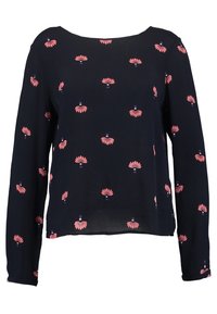 Långärmad marinblå blus med ett blommönster i rosa och lila, rundad halsringning och avslappnad passform. Lättviktig tyg.