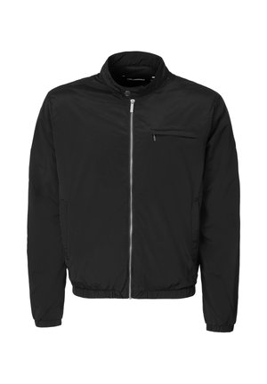 Schwarze leichte Bomberjacke mit durchgehendem Reißverschluss, Druckknopfkragen, Brustreißverschlusstasche sowie elastischen Bündchen und Saum.