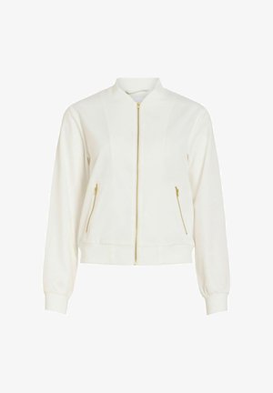 Blouson aviateur blanc avec fermeture éclair dorée à l'avant et deux poches latérales zippées en or, manches longues et poignets et ourlet côtelés.