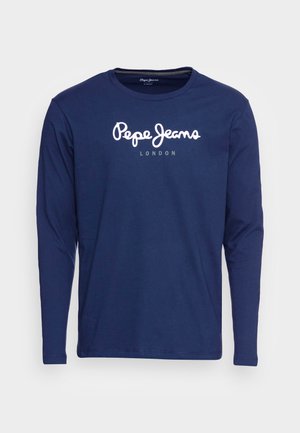 Navy long-sleeve t-shirt made of cotton, featuring a white logo "Pepe Jeans London" printed on the front. Simple crew neckline and smooth texture.