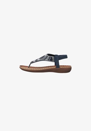 Women’s navy blue beaded thong sandal with cushioned brown sole and elastic back strap, shown in side view on white background.