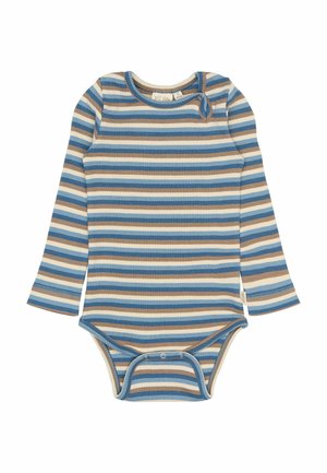 Csíkos, hosszú ujjú body kék, bézs és barna árnyalatokban, bordázott textúrával. Kerek nyakkivágással és patentokkal az alján.