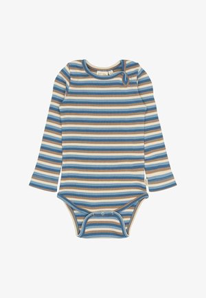 Dryžuotas ilgomis rankovėmis bodžis mėlynoje, smėlio ir rudos spalvos tonais su reljefine tekstūra. Turi apvalų iškirpimą ir snapelių uždarymus apačioje.