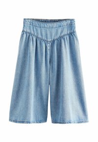 Lichtblauwe denim culottes met een wijdbenig ontwerp, elastische tailleband en geplooide textuur bij de taille. Afgewerkt met een onafgewerkte zoom.