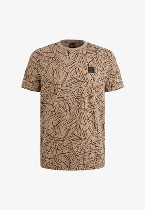 Beige t-shirt met abstract oranje en zwart lineair patroon, ronde halslijn, korte mouwen en een klein gebrandmerkt vierkant label op de borst.