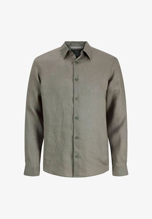 Oliwkowa koszula na długi rękaw zapinana na guziki, z kołnierzykiem, gładkim przodem i zapinanymi na guziki mankietami.