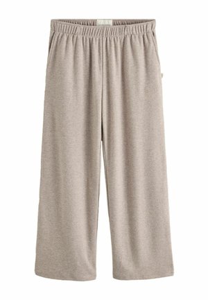 Beige wide-leg lounge pants with elastic waistband and side pockets, made of soft fabric suitable for casual wear.