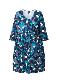 Mekko, jossa on pyöreä pääntie ja kolmanneksen pituiset hihat. Kangas on pehmeä, ja siinä on sininen, turkoosi, harmaa ja valkoinen ympyräinen kuvio.