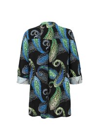 Black long-sleeve blouse with rolled cuffs, featuring large blue, green, and gray paisley floral patterns.