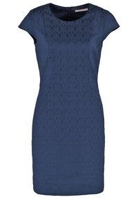 Robe bleu marine ajustée à manches courtes avec un motif géométrique subtil et un col rond, fermeture éclair dans le dos.