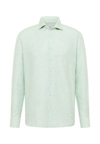Lys grøn langærmet skjorte lavet af tekstureret stof, med en klassisk krave og syv lyse knapper ned langs fronten.