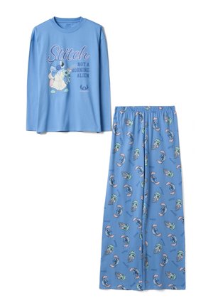 Ensemble pyjama bleu à manches longues avec personnage Stitch et texte "Stitch not a morning alien" sur le haut, pantalons avec motifs de visages Stitch sur toute la surface.