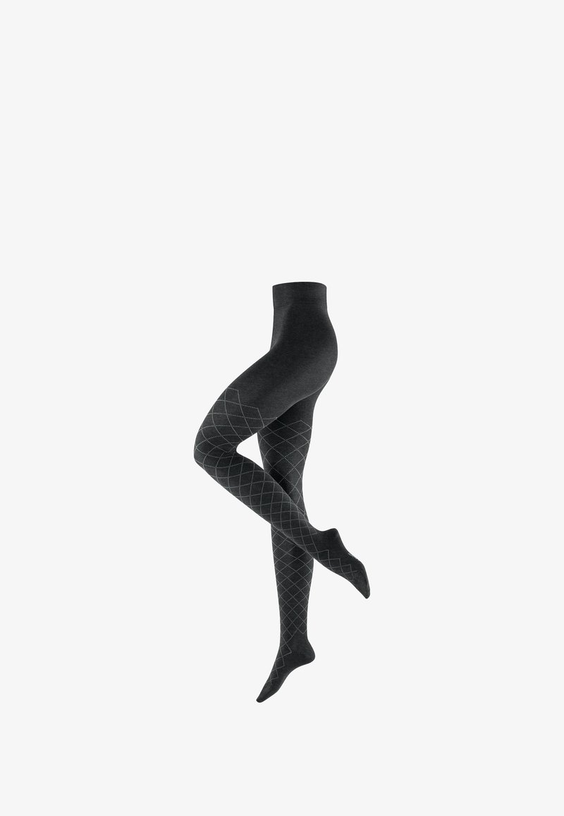 Collants noirs avec un motif en losanges texturé. Tissu doux, design taille haute et coupe serrée autour des jambes, offrant couverture et chaleur.