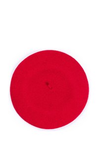 Bright red classic wool beret with a small top stalk, shown flat against a white background.