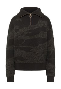 Schwarzer Strickpullover mit metallischem Strukturmuster, ausgestattet mit einem hohen Kragen und einem Reißverschluss. Gerippte Manschetten und Saum sorgen für einen figurschmeichelnden Look.