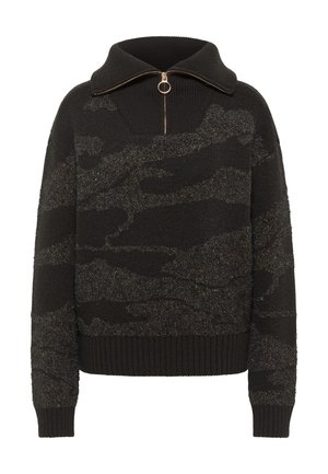 Schwarzer Strickpullover mit metallischem Strukturmuster, ausgestattet mit einem hohen Kragen und einem Reißverschluss. Gerippte Manschetten und Saum sorgen für einen figurschmeichelnden Look.