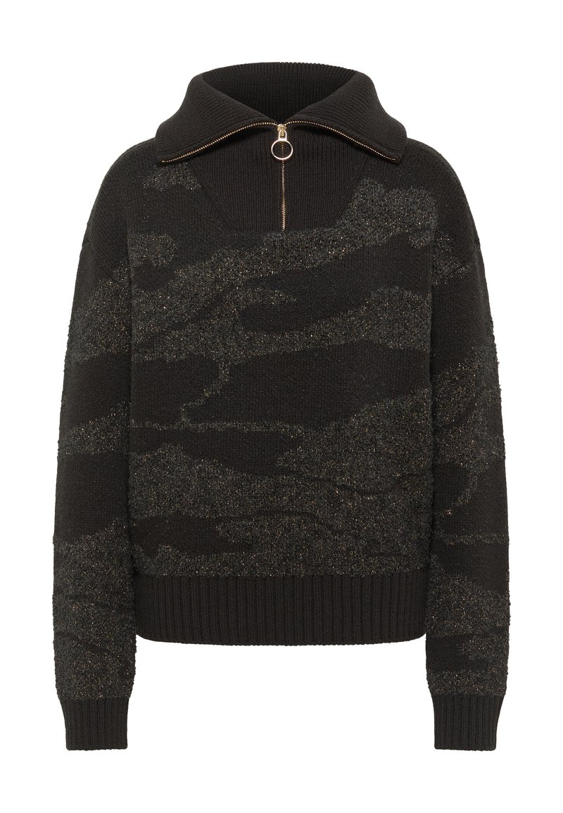 Schwarzer Strickpullover mit metallischem Strukturmuster, ausgestattet mit einem hohen Kragen und einem Reißverschluss. Gerippte Manschetten und Saum sorgen für einen figurschmeichelnden Look.
