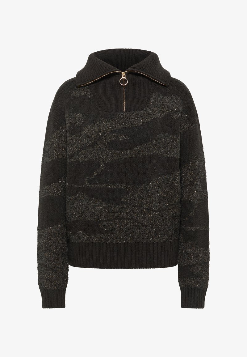 Schwarzer Strickpullover mit metallischem Strukturmuster, ausgestattet mit einem hohen Kragen und einem Reißverschluss. Gerippte Manschetten und Saum sorgen für einen figurschmeichelnden Look.