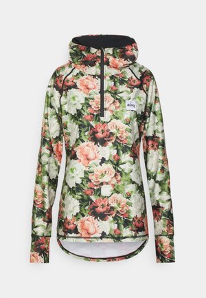 Sudadera con capucha de manga larga con estampado floral de flores rosas y blancas, hojas verdes, cremallera frontal y un pequeño parche blanco con logo en el pecho.