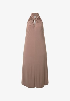 Abito lungo senza maniche color taupe con scollo halter intrecciato e apertura a goccia al centro davanti, vestibilità fluida e rilassata.