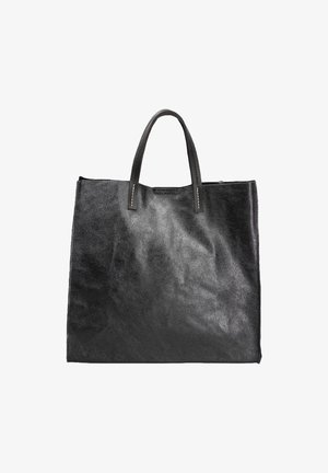 Sac fourre-tout en cuir noir avec une texture lisse, de forme rectangulaire et de courtes poignées. Il présente un design minimaliste sans quincaillerie ni embellissements visibles.