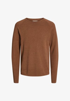 Brun langærmet skjorte med rund hals og raglanærmer, der har et struktureret strikkemønster og en afslappet pasform.