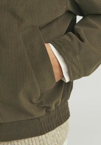 Olive roheline ribidega sviiter, millel on känguru tasku, tekstureeritud kangas ja sobiv allääre. Kihtidena valge särk käiste juures.