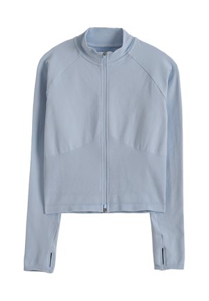 Giacca azzurra chiaro con zip e maniche lunghe, collo alto, trama a coste sulla parte bassa frontale e fori per i pollici sui polsini.