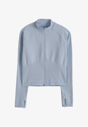 Hellblauer langärmeliger Reißverschluss mit hohem Kragen, gerippter Textur auf der unteren Vorderseite und Daumenlöchern an den Bündchen.
