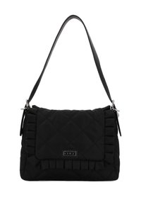 Borsa a tracolla in tessuto trapuntato nero con patta frontale a balze, tracolla regolabile e dettagli in metallo argentato. Design compatto e strutturato.