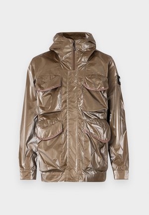 Shiny dark taupe jacket with a hood, featuring four large front pockets, pink trim, and a zip front closure. Lightweight material.