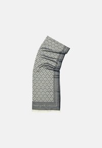 Gray scarf featuring an intricate floral pattern, bordered in dark gray, with fringed edges and "new york" embroidered at the bottom.