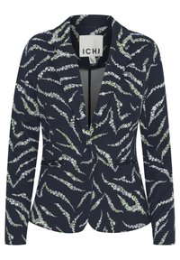 Námořnický blejzr s květinovým vzorem v bílé a zelené barvě, strukturovaný design, zapínání na jeden knoflík a dvě přední kapsy s klopami.