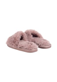 Pantuflas de pelaje sintético rosa con los dedos al aire, textura suave y suela acolchada. Forma redondeada, con una banda de pelaje gruesa en la parte superior.