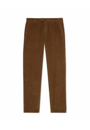Bruine corduroy broek met een rechte snit, voorzien van een knoopsluiting en zijzakken. De stof heeft een ribbelstructuur.