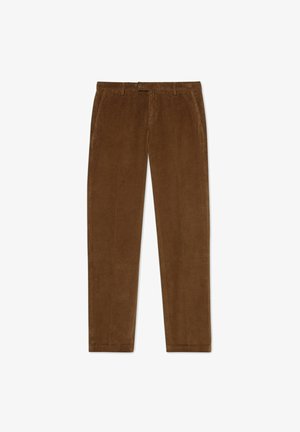 Bruine corduroy broek met een rechte snit, voorzien van een knoopsluiting en zijzakken. De stof heeft een ribbelstructuur.